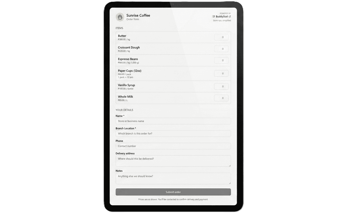 Streamlined Order System — Public order form for any franchisee