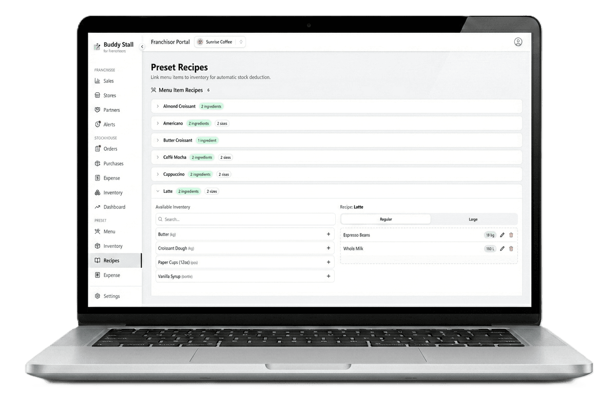 Brand Preset Distribution — Preset recipes with auto stock deduction