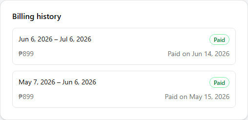 The Billing history card listing two paid invoices, each showing its billing period, amount, a green Paid badge, and the date it was paid