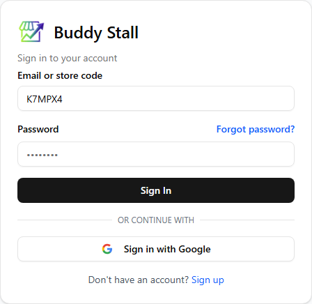 The sign-in card with the store code K7MPX4 typed into the 'Email or store code' field, above the Password field and the Sign In button
