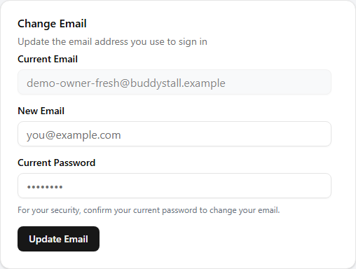 The Change Email card — a disabled Current Email field showing the existing address, a New Email input, a Current Password input with a security note beneath it, and an Update Email button