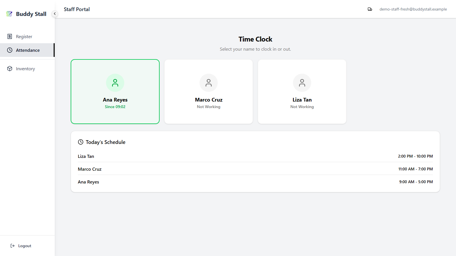 The staff portal Time Clock kiosk view, with a grid of employee cards (some bordered green showing they are working, others gray for off) and a Today's Schedule panel listing the day's planned shifts below