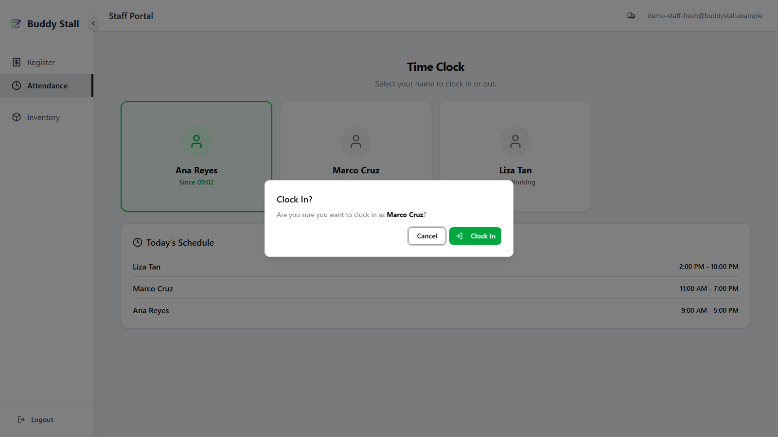 The staff Time Clock kiosk with the Clock In confirmation dialog open over the dimmed grid, titled 'Clock In?' and asking to confirm clocking in as the named staff member, with a Cancel button and a green Clock In button