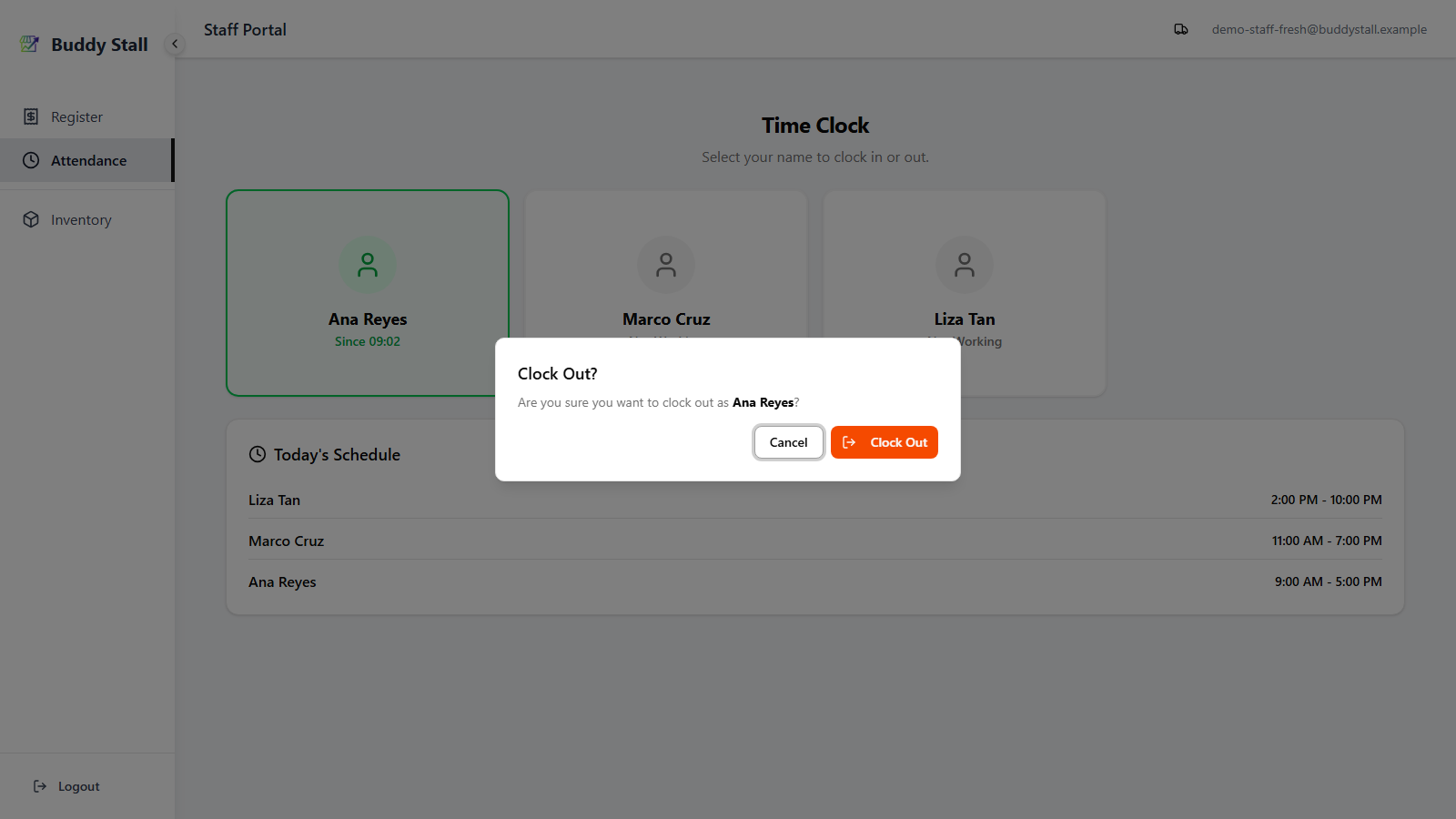 The staff Time Clock kiosk with the Clock Out confirmation dialog open over the dimmed grid, titled 'Clock Out?' and asking to confirm clocking out as the named staff member, with a Cancel button and an orange Clock Out button