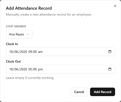The Add Attendance Record dialog open, with an Employee dropdown, a Clock In date-time picker, and a Clock Out date-time picker