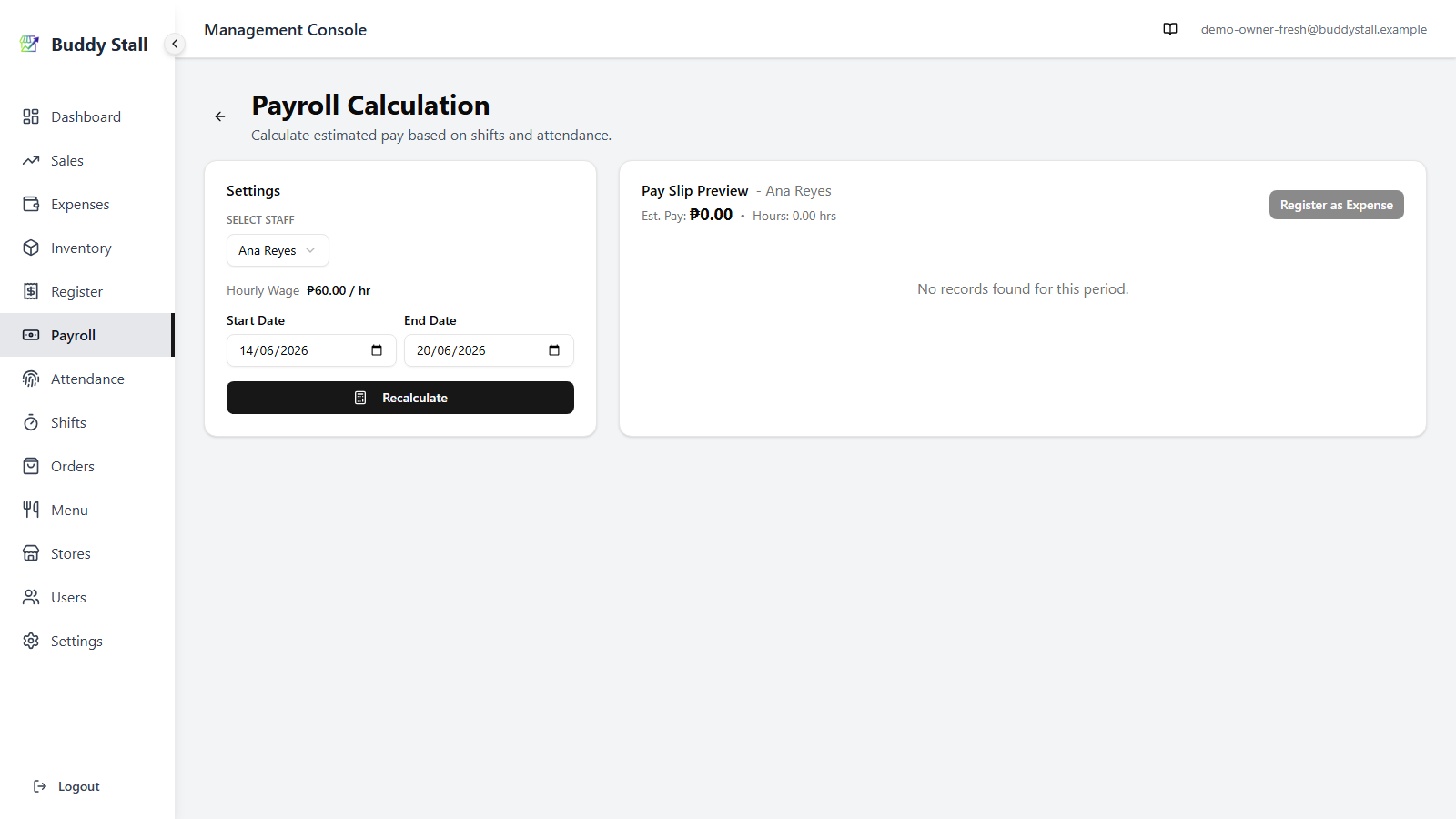 The Payroll screen with the Settings card on the left and the Pay Slip Preview card on the right, before any calculation runs