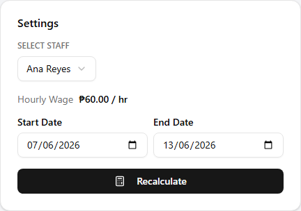 The Settings card filled in with an employee selected, the hourly wage shown below the picker, Start and End date fields, and a Recalculate button