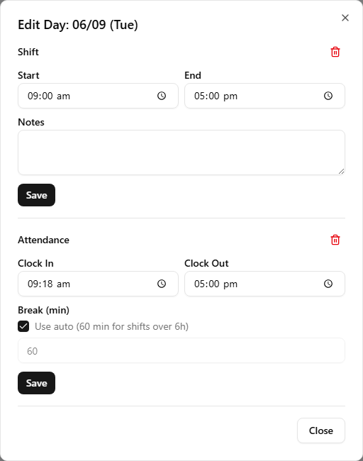 The day-edit dialog open on a Late row, showing Shift Start/End/Notes, Attendance Clock In/Out, and a Break field with Auto / Explicit toggle