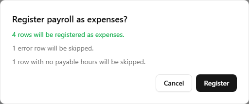 The Register as Expense confirmation dialog showing 'N rows will be registered as expenses' in green, with smaller lines listing skipped rows by category