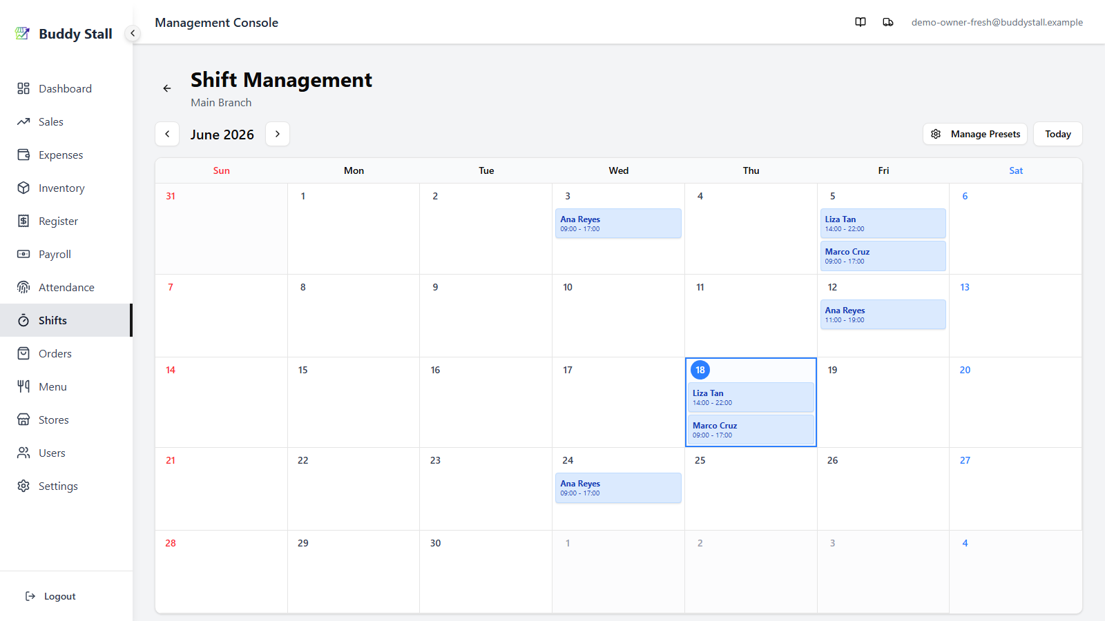 The Shift Scheduler month view with today's cell highlighted and a few shifts visible inside day cells, with month-navigation arrows and a Manage Presets button in the header