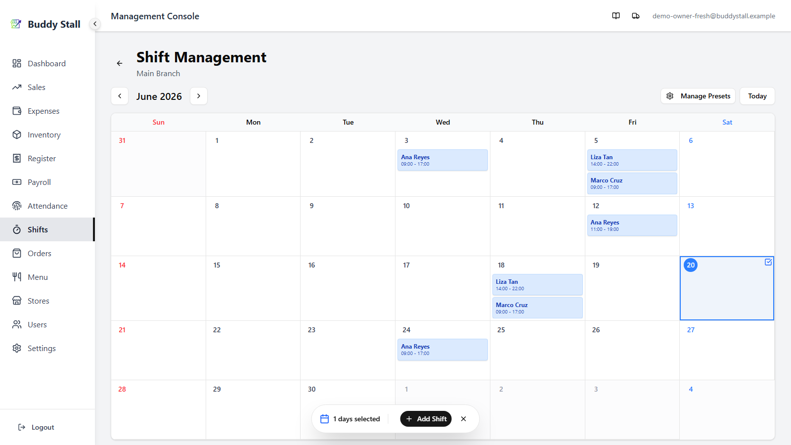The Shift Scheduler with one day selected (check mark and blue highlight) and the Add Shift button in the action bar at the bottom
