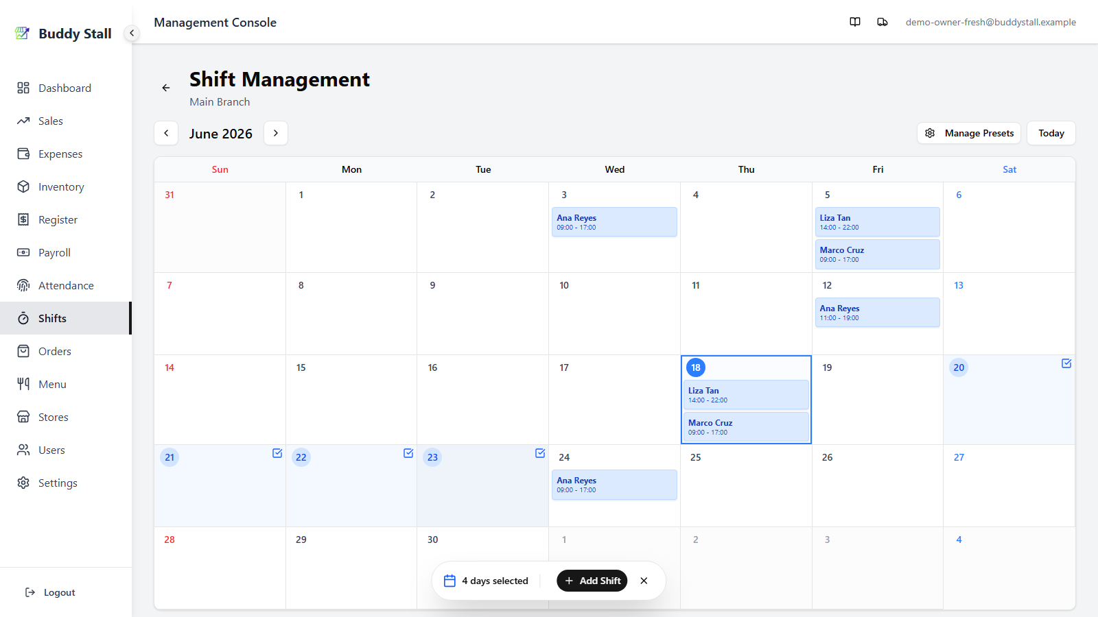 The Shift Scheduler with several day cells selected (each with a check mark and blue highlight) and a selection counter shown in the bottom action bar next to Add Shift