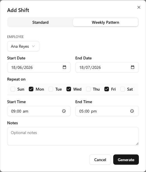 The Add Shift dialog on the Weekly Pattern tab, showing the Repeat on weekday checkboxes (Mon, Wed, Fri ticked), a Start Date / End Date range picker, and the same employee + time pickers