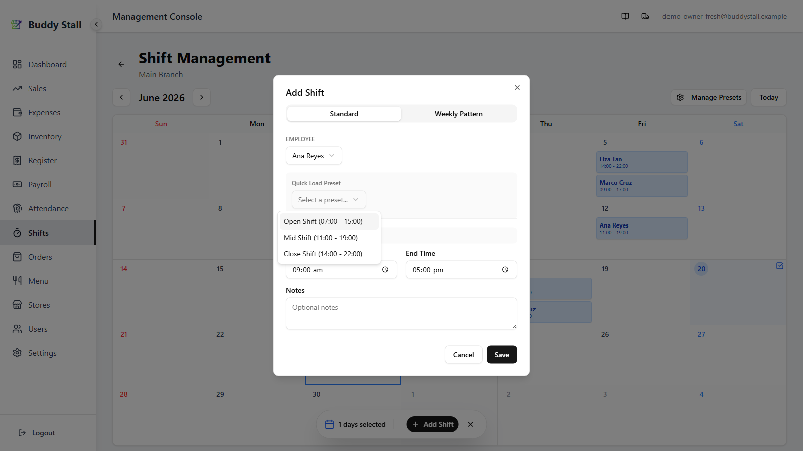 The Add Shift dialog Standard tab with a Quick Load Preset dropdown above the Start / End pickers, expanded to show saved preset labels