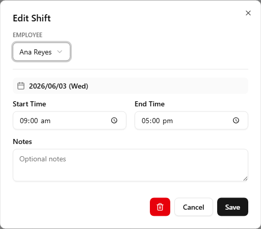 The Edit Shift dialog opened from clicking an existing shift, with employee/times/notes pre-filled and a red trash (delete) button alongside Cancel and Save