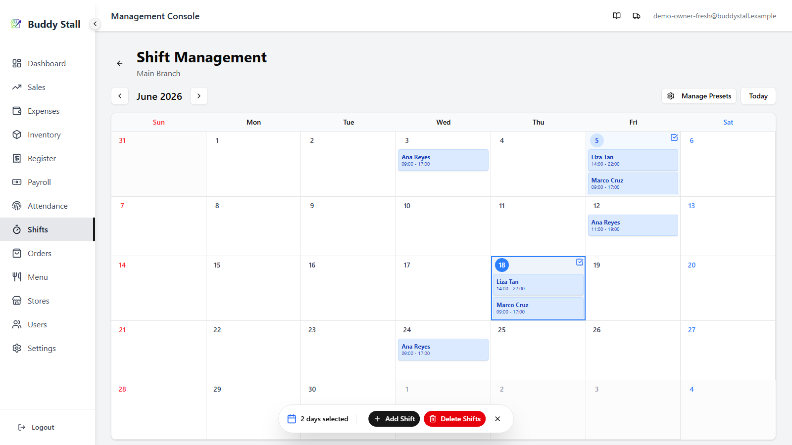The Shift Scheduler with several days selected and a Delete Shifts button visible in the bottom action bar, ready to bulk-delete every shift on those days