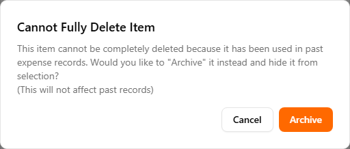 The 'Cannot Fully Delete Item' dialog — it explains the item has been used in past expense records and offers an Archive button alongside Cancel, instead of a permanent delete