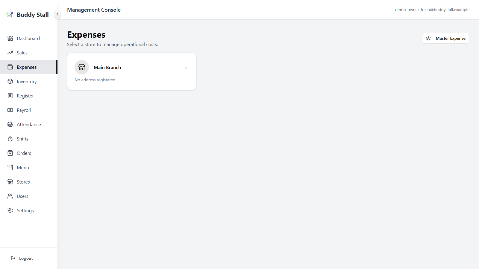 The Expenses page (store list) with the 'Master Expenses' button visible in the top-right