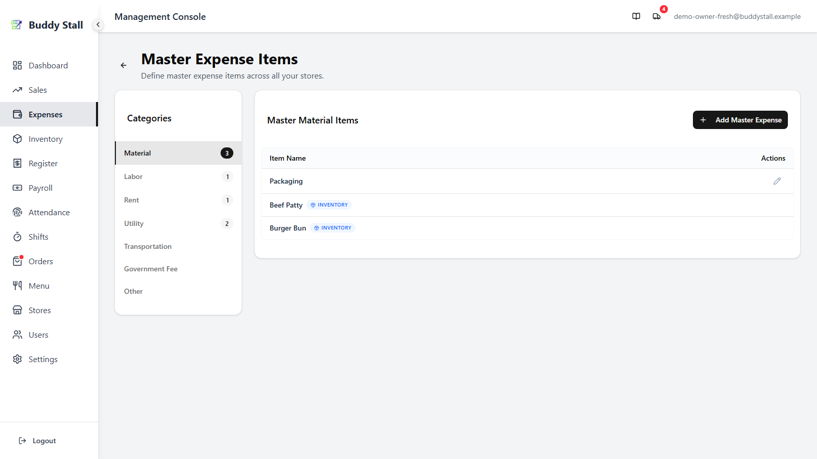 The Master Expenses screen, showing the Categories sidebar on the left and a list of items for the selected category on the right