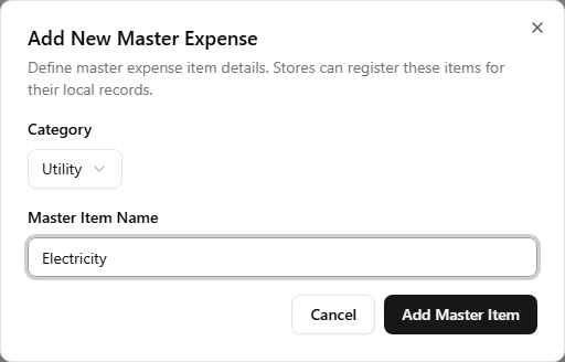 The Add Master Expense dialog open, with Category set to Utility and Name typed as 'Electricity'