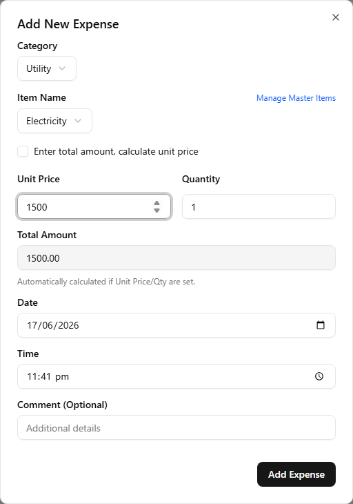 The Add New Expense dialog — Category (Utility) and Item Name (Electricity) dropdowns with a 'Manage Master Items' link, an 'Enter total amount, calculate unit price' checkbox, Unit Price (1500) and Quantity (1) fields, a read-only Total Amount (1500.00), Date and Time pickers, an optional Comment field, and an Add Expense button.