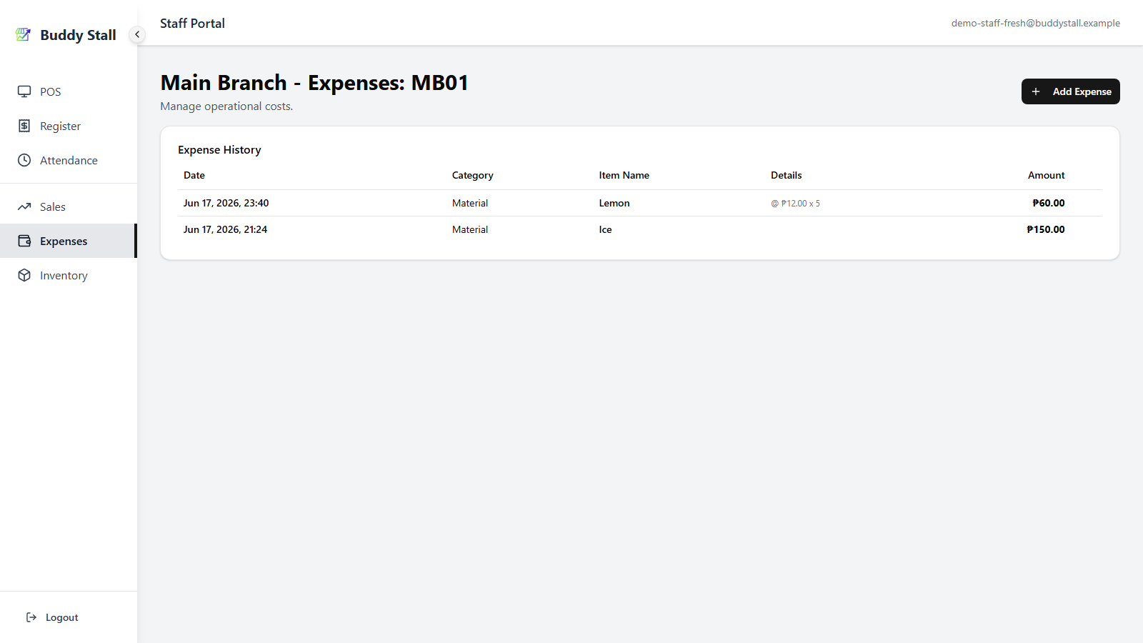 The staff portal Expenses page with the newly recorded Lemon entry at the top of the day's expense list