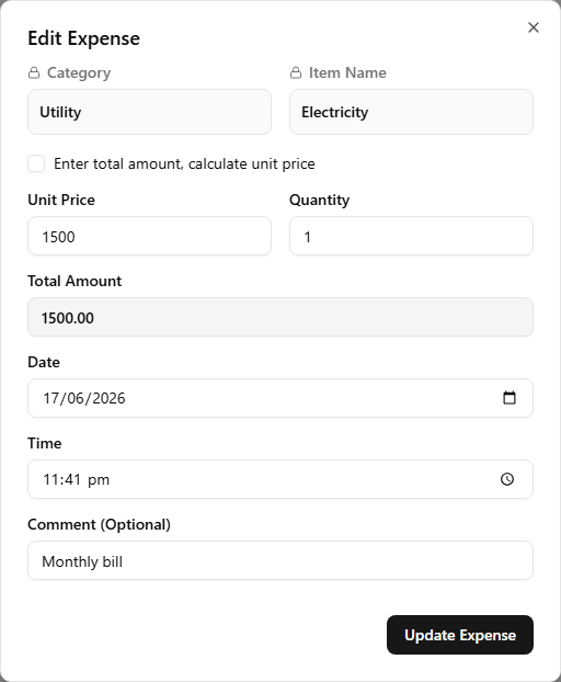 The Edit Expense dialog — Category (Utility) and Item Name (Electricity) shown as locked, read-only fields with a padlock icon, then editable Unit Price, Quantity, Total Amount, Date, Time, and Comment fields and an Update Expense button.