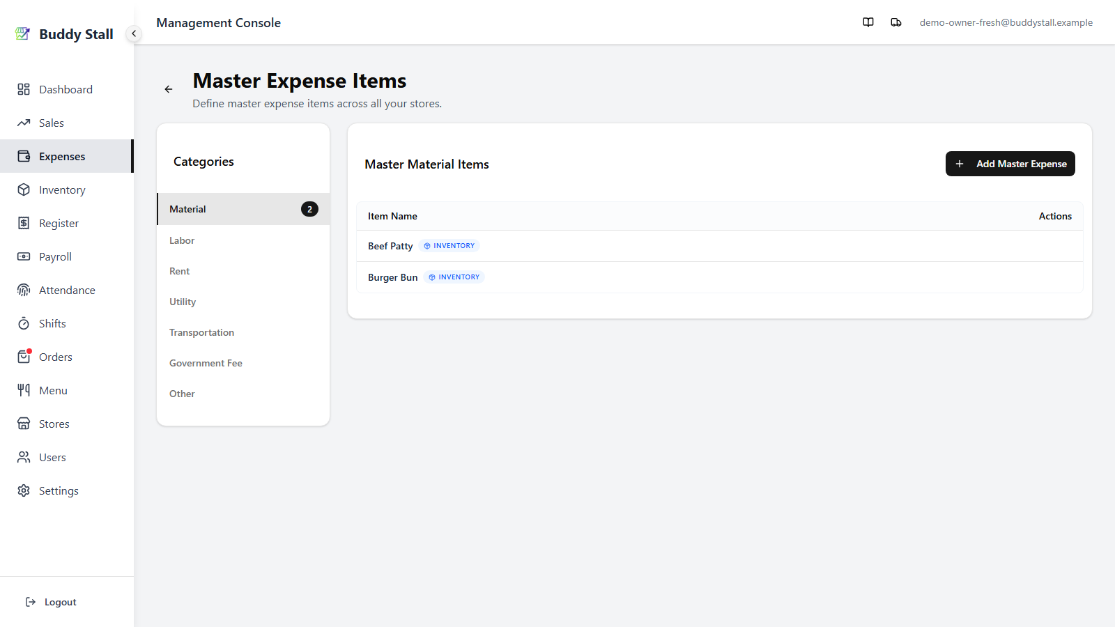 The Master Expense Items page with the Material category selected, showing Beef Patty and Burger Bun each carrying a blue INVENTORY badge that indicates they are linked to a stock item