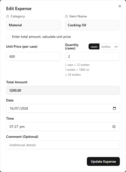 The Edit Expense dialog for a Cooking Oil entry with the quantity unit toggle switched to cases — Unit Price (per case) reads 600, Quantity (cases) reads 2, the note below reads '= 24 bottles', and Total Amount stays 1200.00
