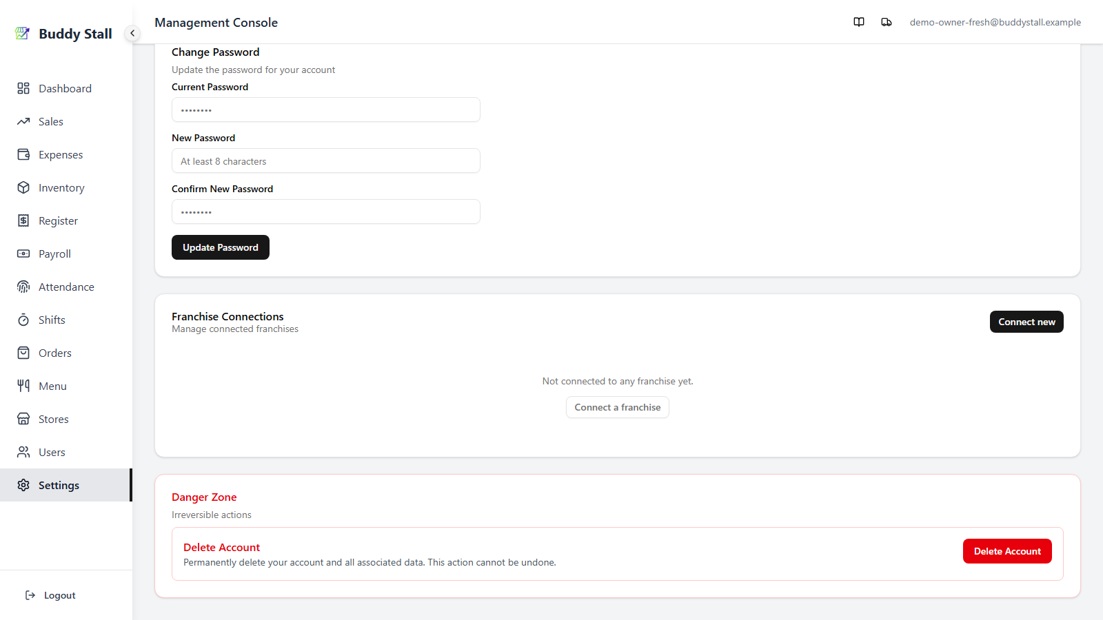The Settings screen with the Franchise Connections card and its Connect new button highlighted