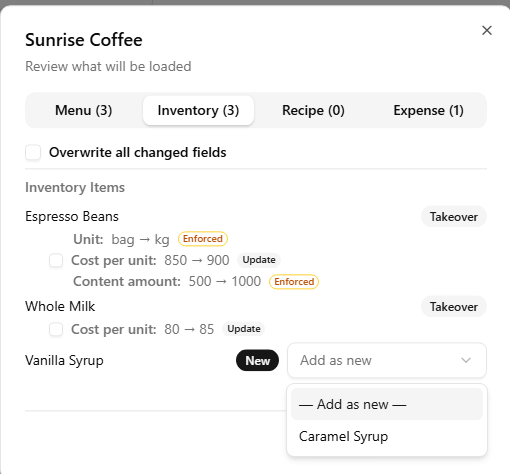 The review dialog's Inventory tab with the new Vanilla Syrup row's Add as new dropdown open, offering the store's own Caramel Syrup to pair with