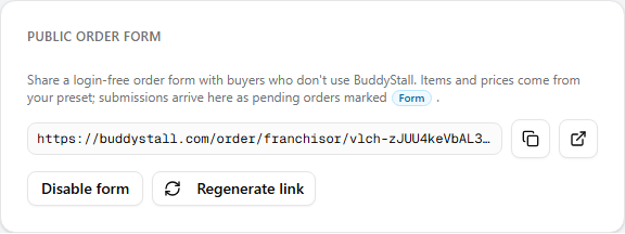 The Public order form card on the franchise settings page, showing the shareable link with copy and open buttons, plus Disable form and Regenerate link