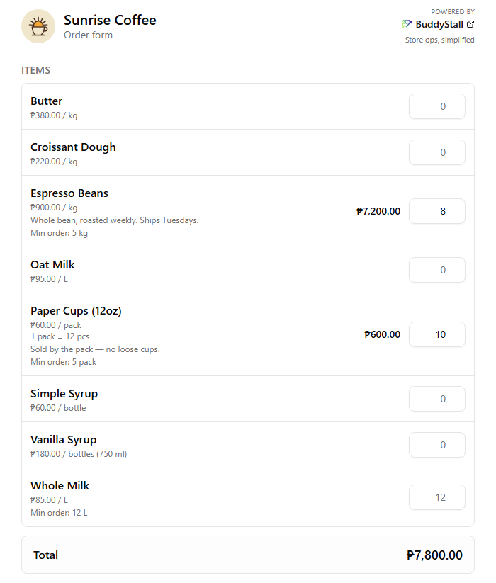 The buyer's order form: brand header, item list with prices, per-item notes and minimum order quantities, quantities typed in, and a running total