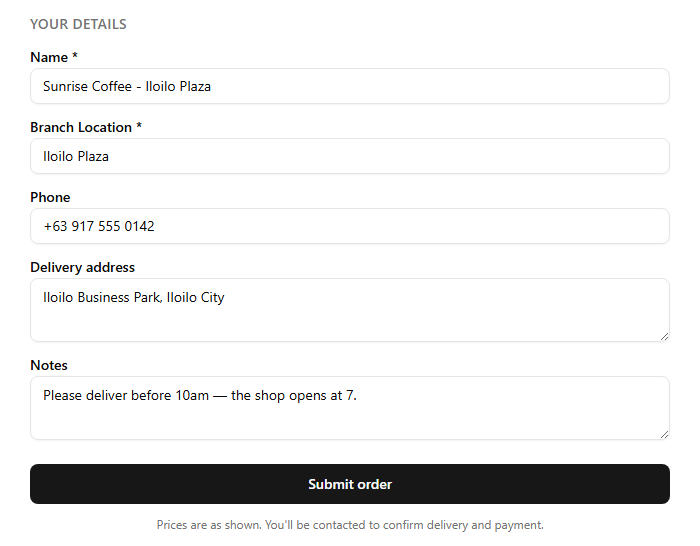 The lower half of the buyer's order form: name, branch location, phone, delivery address and notes fields above the Submit order button