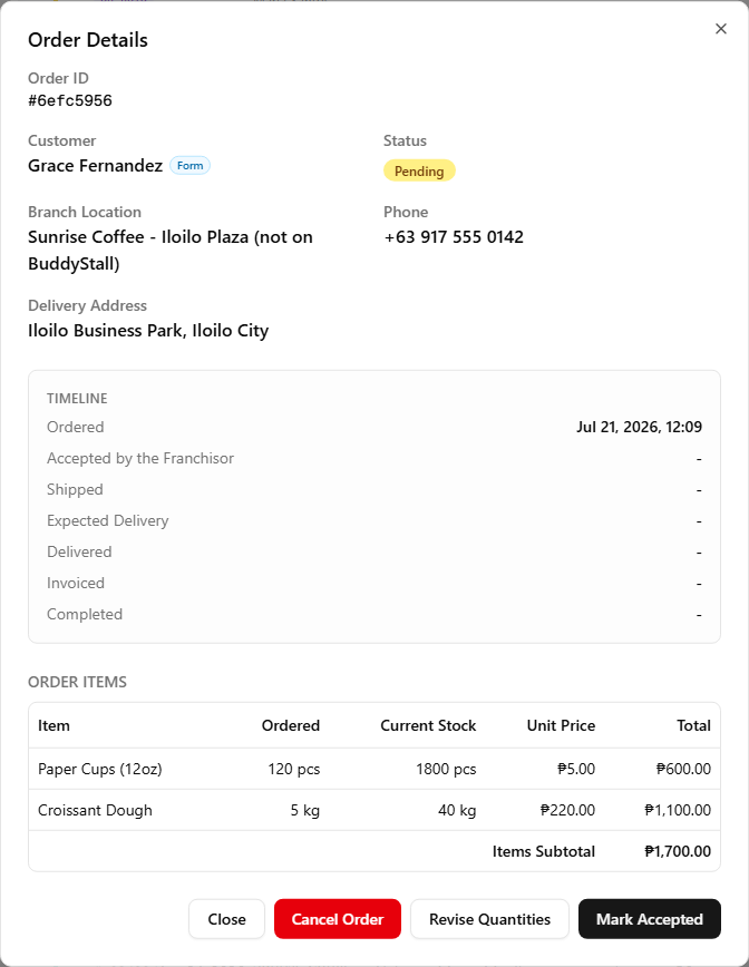 A public-form order open on the Stockhouse Orders board, showing the customer name with a Form badge, the branch location and phone the buyer typed in, the timeline, and the order items