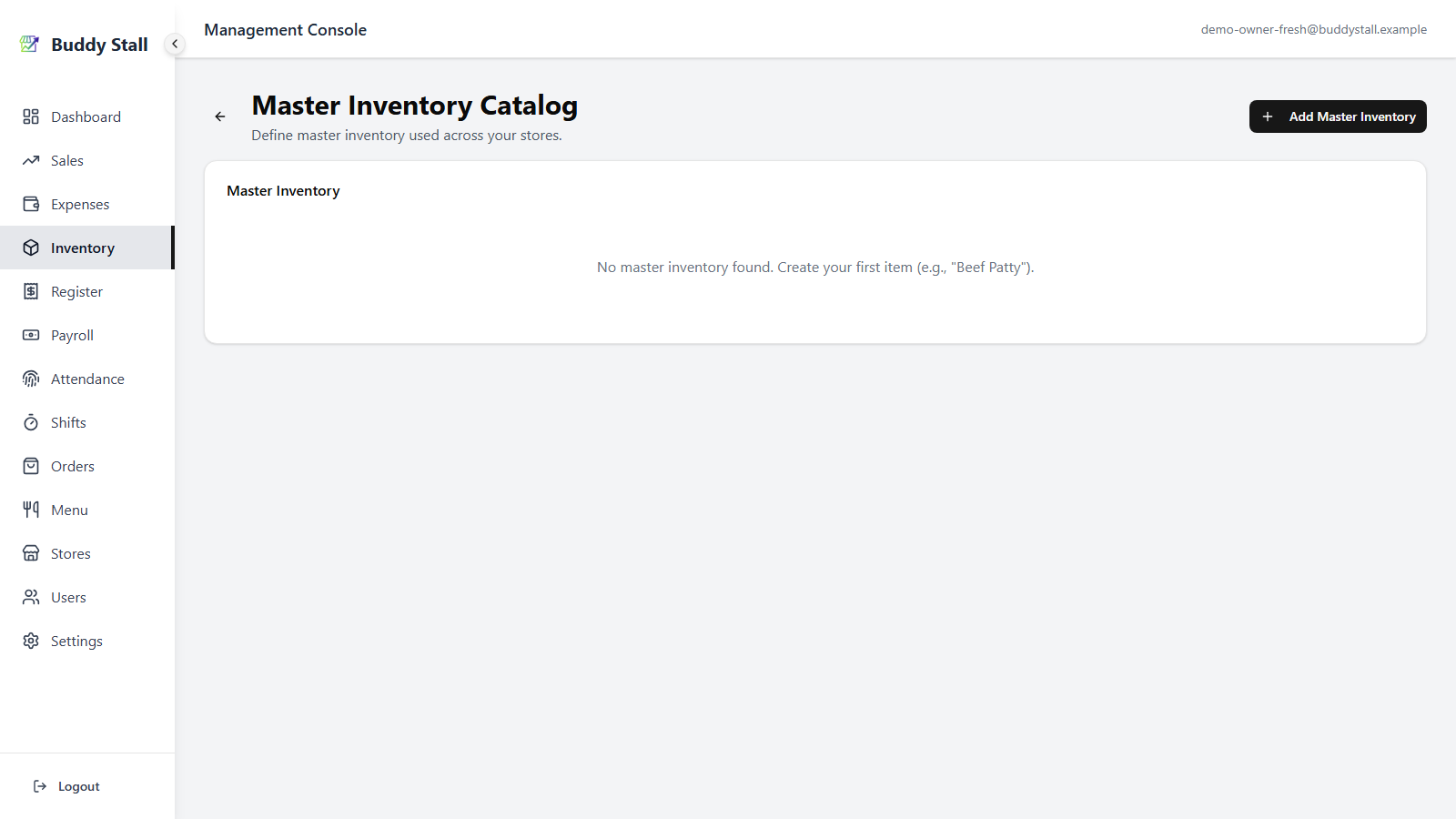The Master Inventory page in its empty state, with the 'Add Master Inventory' button visible in the top-right