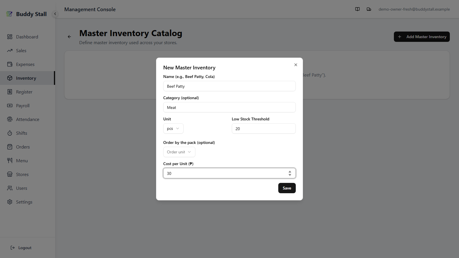 The New Master Inventory dialog open, with Name, Category, Unit, Low Stock Threshold, and Cost per Unit fields