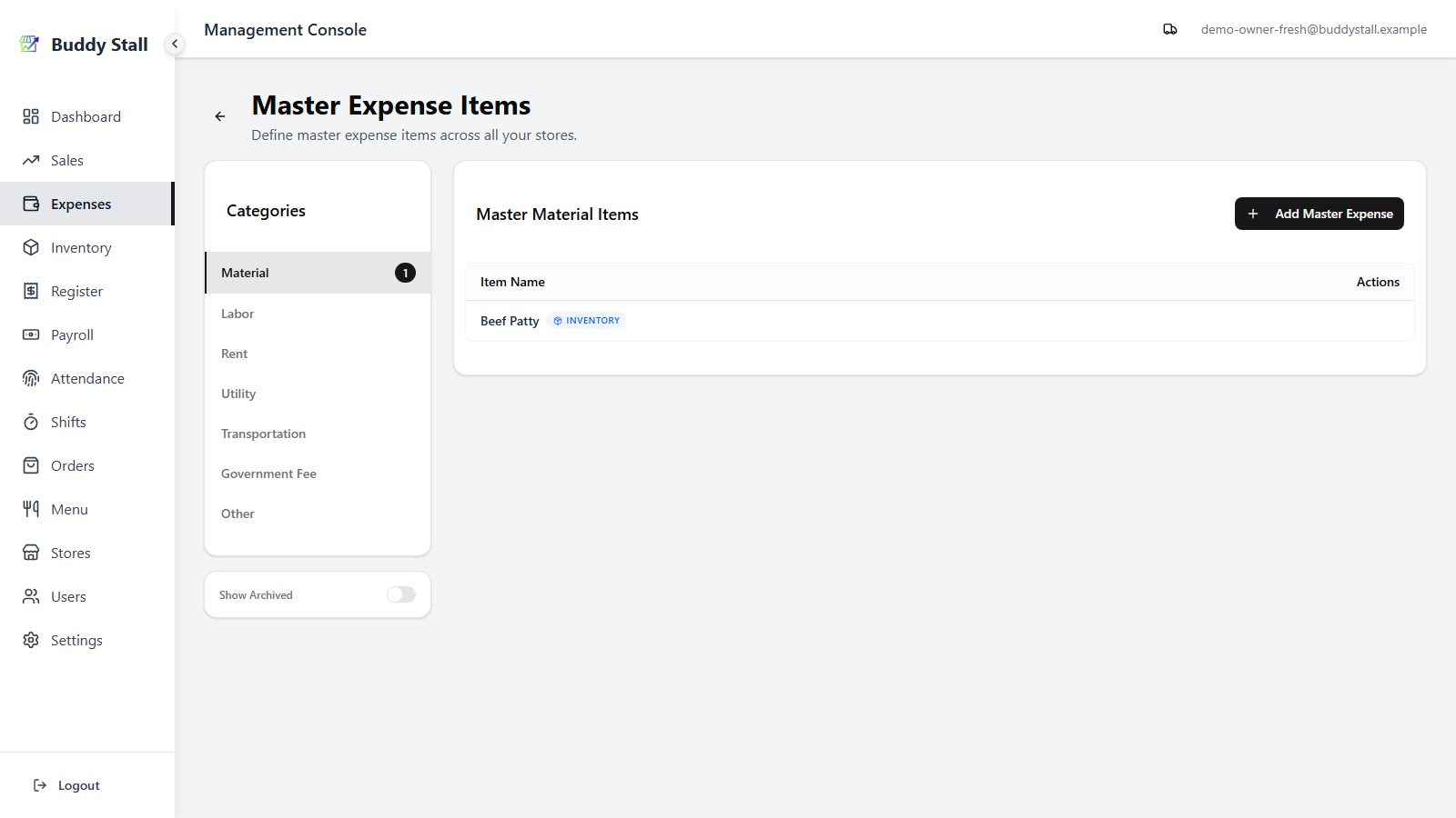 The Master Expense Items list under Expenses, showing the newly created material expense item with the same name as the master inventory item and category Material