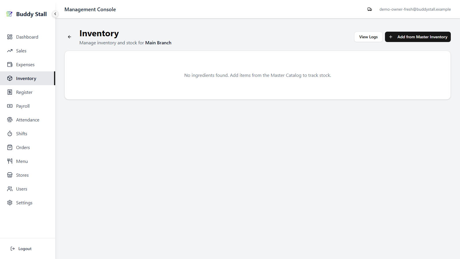 A store inventory screen for an empty store — no items yet, with 'Add from Master Inventory' visible in the top-right