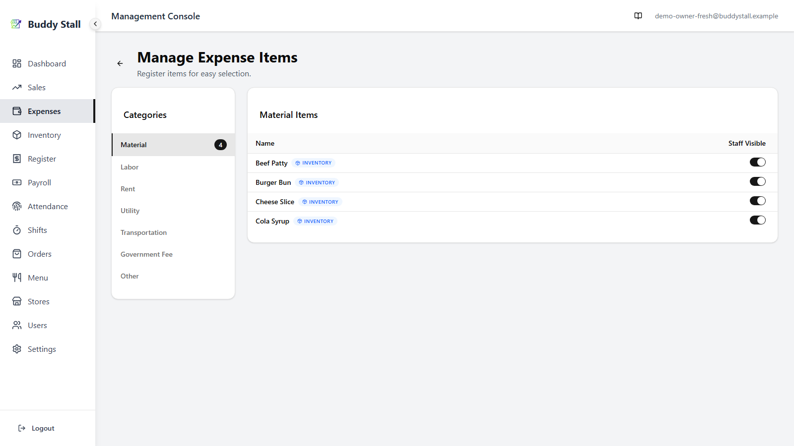 The store's Expense Items list under Expenses, showing the newly registered store expense items matching the items just added from the master inventory