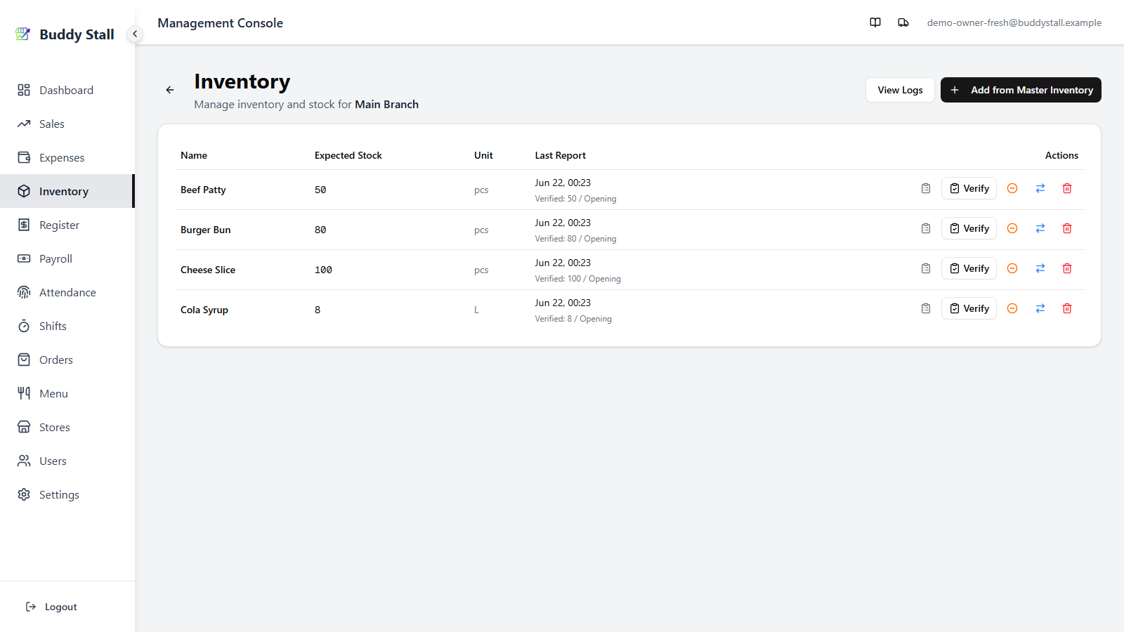 The store inventory list after setting opening stock — the Not counted badges are gone, Expected Stock shows the counted quantities, and each row now offers a Verify action with a Last Report entry