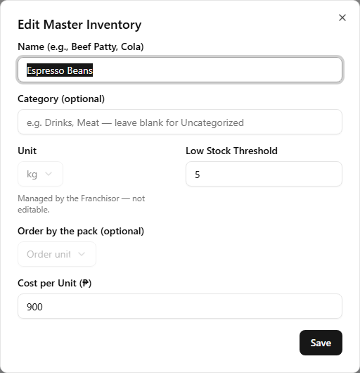 The Edit Master Inventory dialog for Espresso Beans — the Unit and Order-by-pack fields are disabled with the note 'Managed by the Franchisor — not editable', while Name, Category, Low Stock Threshold, and Cost per Unit remain editable