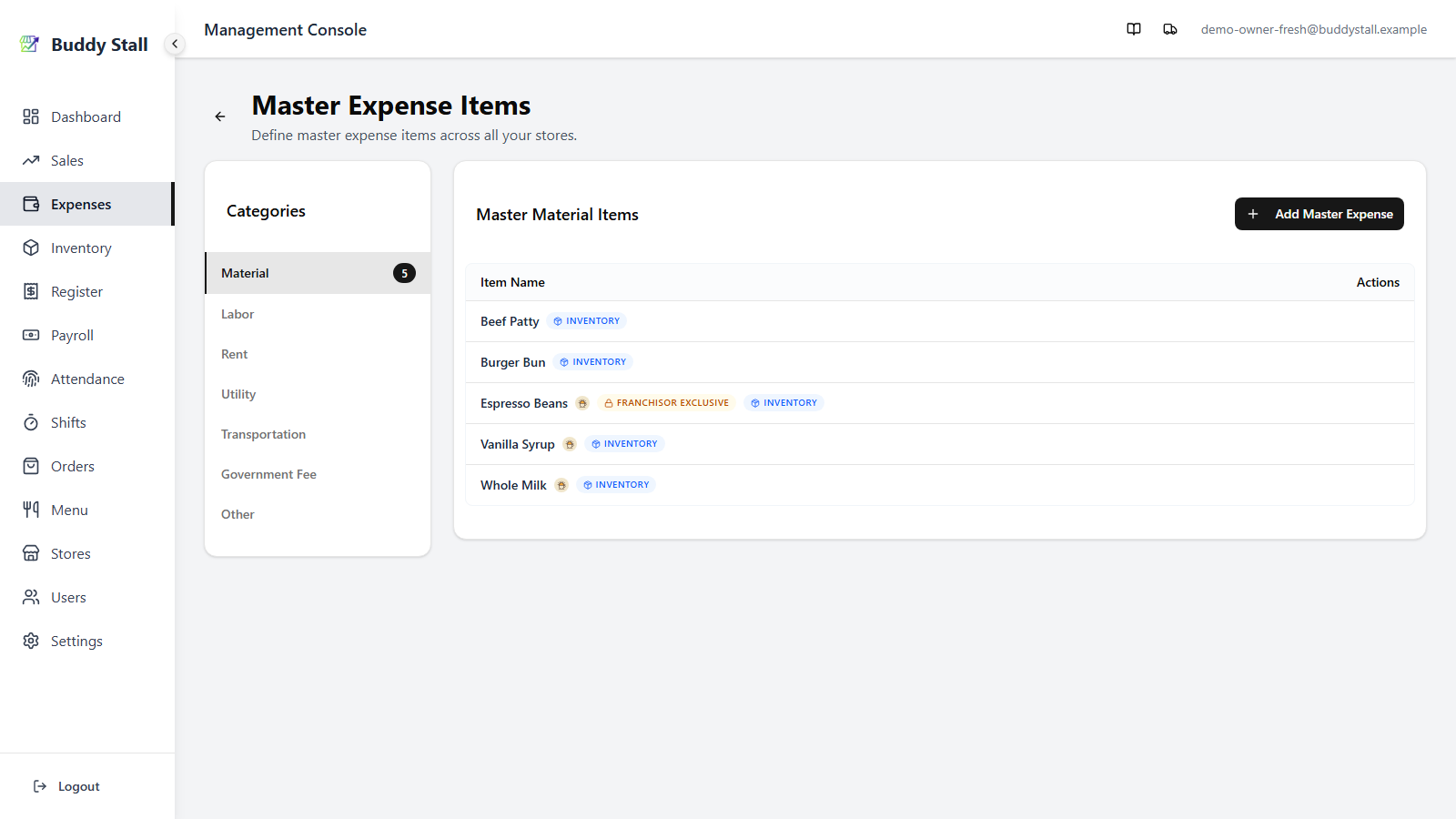 The Master Expense Items list, Material category — Beef Patty and Burger Bun carry only the blue Inventory tag, while Espresso Beans, Vanilla Syrup, and Whole Milk also carry the franchisor logo badge; Espresso Beans additionally shows the amber Franchisor Exclusive pill
