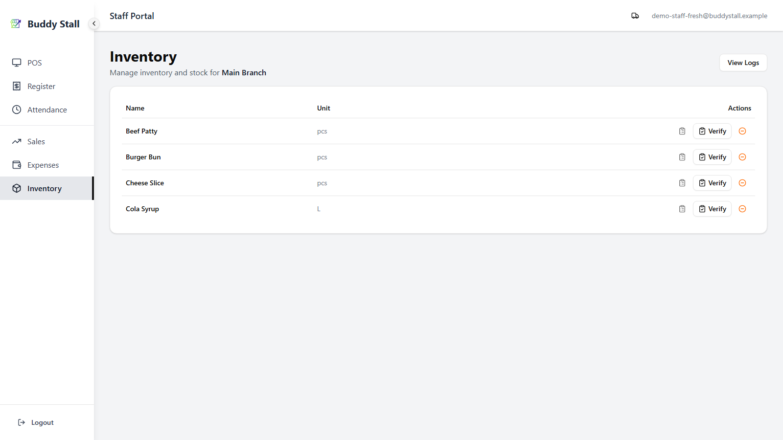The staff portal store inventory screen — Name, Unit, and Actions columns only, with View History, Verify, and Log Waste on each row (register open) and no Expected Stock or Last Report
