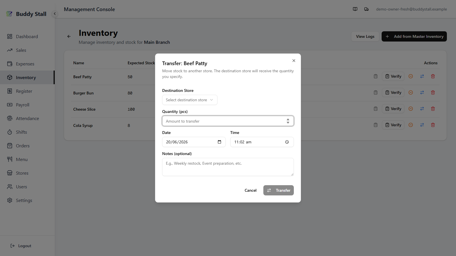 The Transfer dialog open for an item, showing the Destination Store selector, Quantity field with the item's unit, Date and Time fields, and an optional Notes field