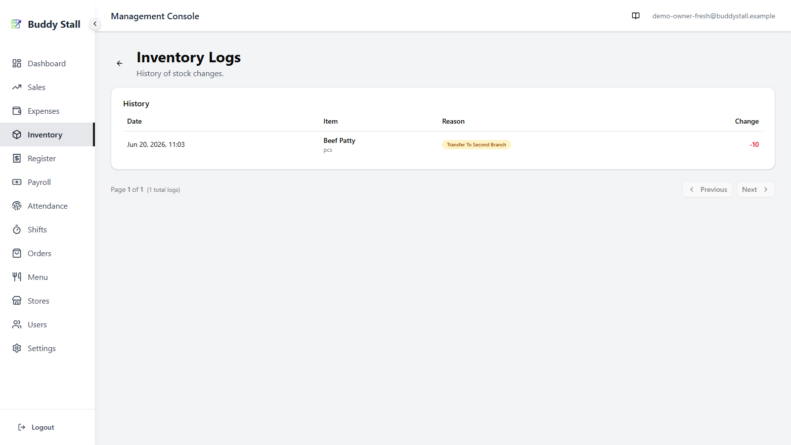 The sending store's inventory history showing a 'Transfer to {store}' entry as a stock decrease, with its quantity, date, and the destination store name