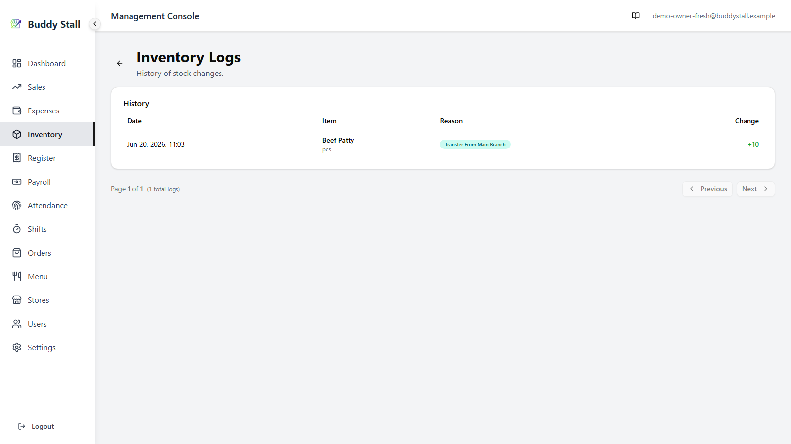 The receiving store's inventory history showing a 'Transfer from {store}' entry as a stock increase, with its quantity, date, and the source store name