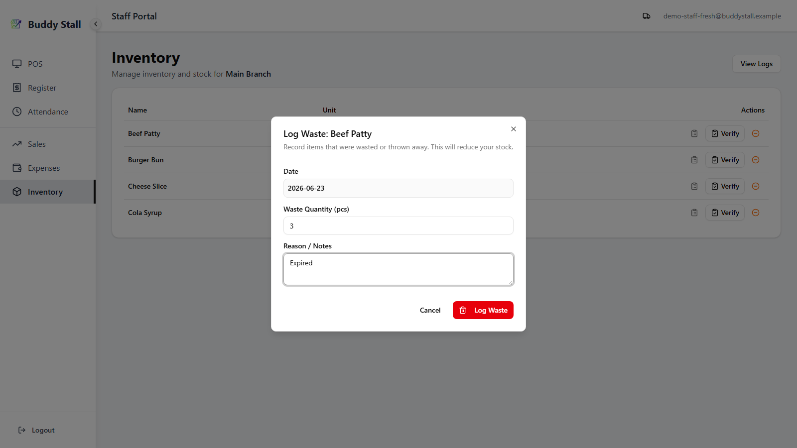 The staff portal Log Waste dialog filled in for an item — the item name in the title, a read-only Date box pinned to today, a Waste Quantity in the item's unit, and a reason in the Reason / Notes field, with a destructive Log Waste button in the footer