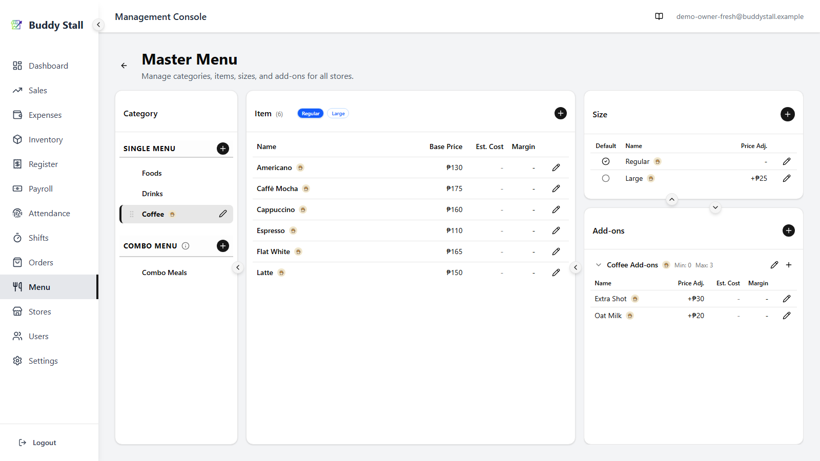 The master menu of a franchise-connected store — a Coffee category of six items (Americano, Caffè Mocha, Cappuccino, Espresso, Flat White, Latte), each carrying the franchisor's logo badge, alongside the store's own Foods and Drinks categories