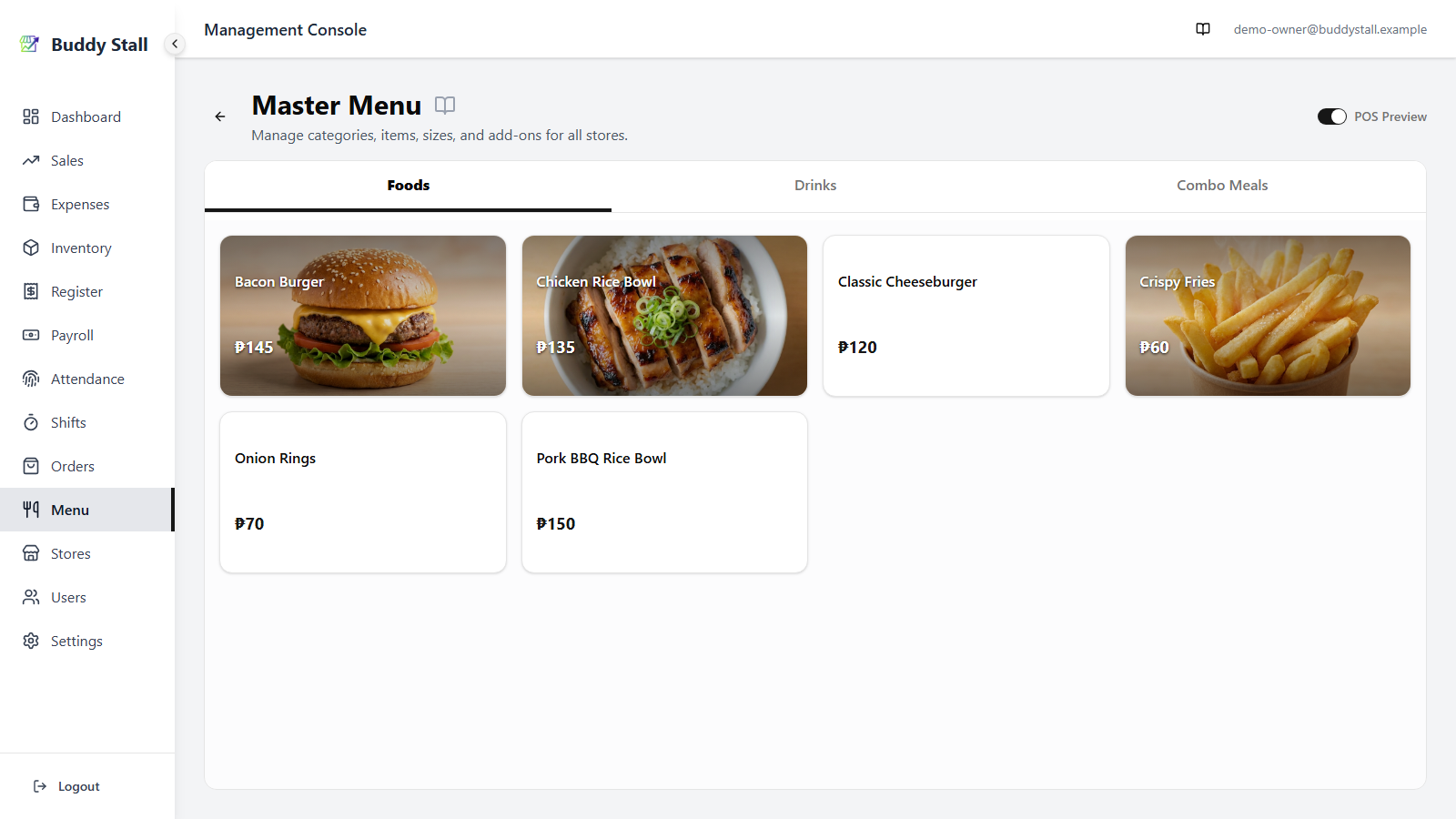 The master menu with POS Preview switched on — the editing panels are replaced by the POS grid, with Foods, Drinks and Combo Meals as category tabs and six item tiles below, three of them showing their photo across the whole card